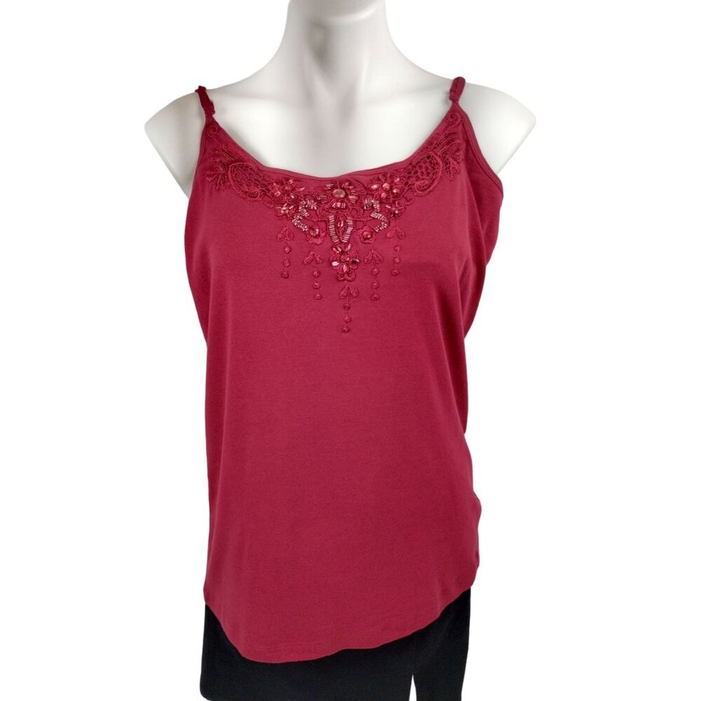 Newport News Womens XL Burgundy Embroidered Tank Top Floral Beaded Design
